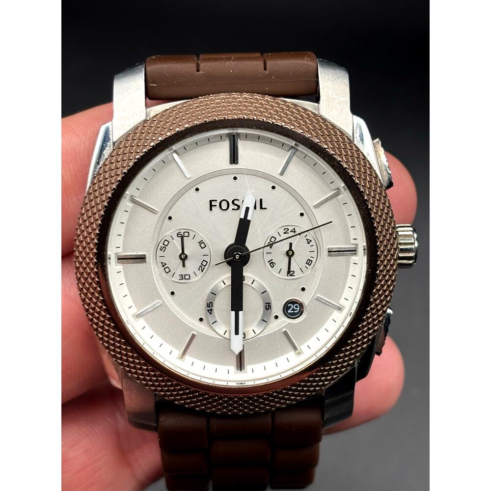 Fossil Machine FS4596 Men’s Chronograph white Dial Brown Silicone Strap Watch - Picture 6 of 17